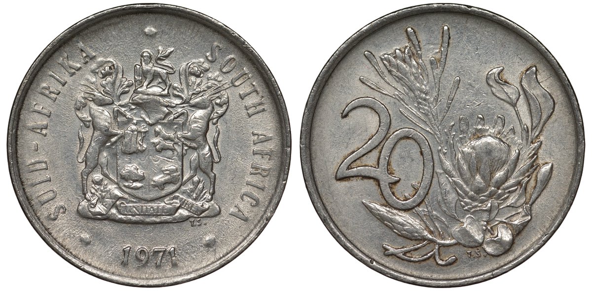 ЮАР 20 центов 1971 цветок KM 86 никель 4122-157