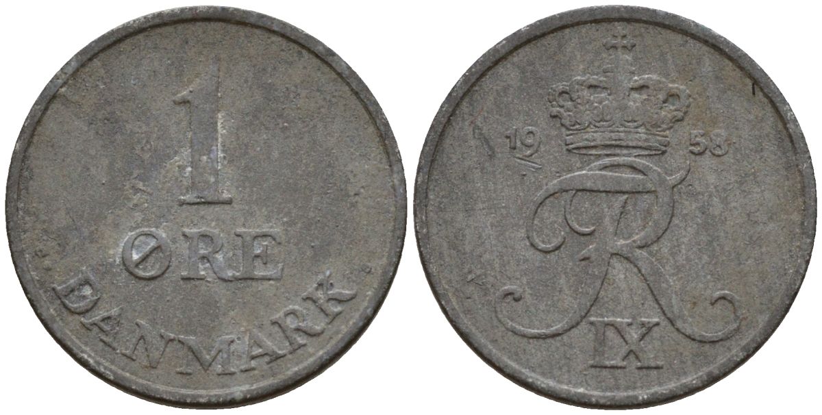 Дания 1 эре 1958 C;S, Фредерик IX (1947-1972) KM 839.2 цинк 4152-465