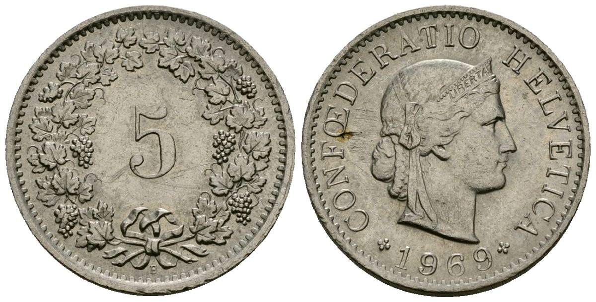 Швейцария 5 раппенов 1969 KM 26 медно-никель 4173-1052