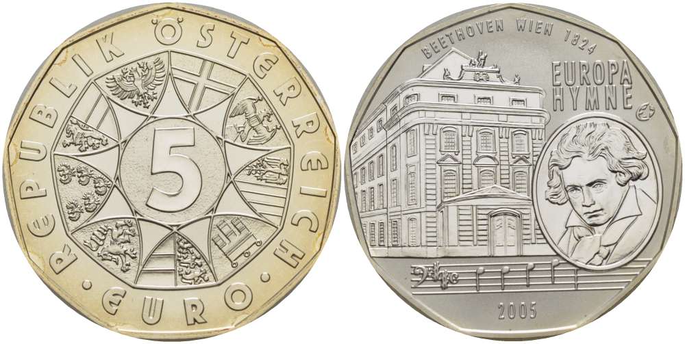 Австрия 5 евро 2005 10 лет вступления Австрии в ЕС, Бетховен, гимн ЕС KM 3120 серебро UNC 02-087-11