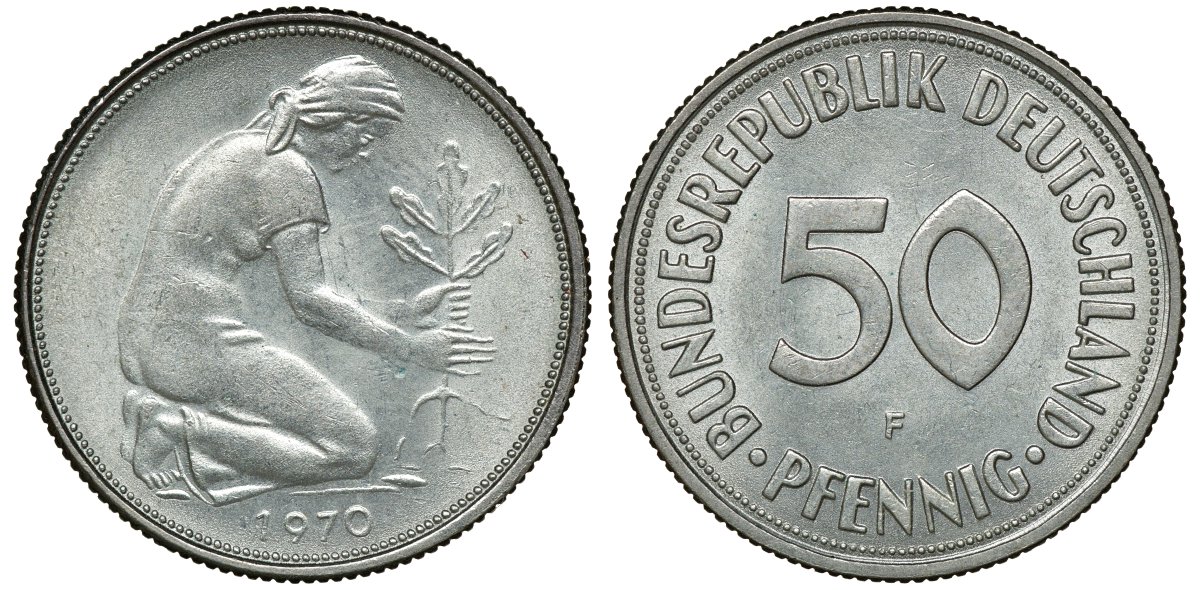 ФРГ 50 пфеннигов 1970 F J 384, KM 109.1 медно-никель aUNC 72-1036