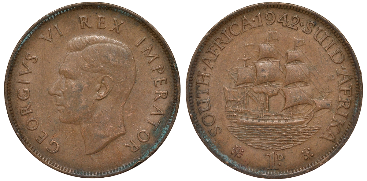 Южная Африка 1 цент 1942 Георг VI KM 25 бронза 4162-713