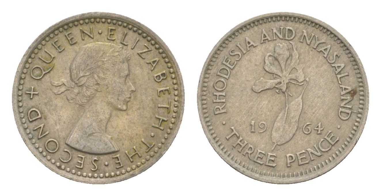 Родезия и Ньясаленд 3 пенса 1964 Елизавета II (1952-2022), цветок глориоза KM 3 медно-никель 4596-1016