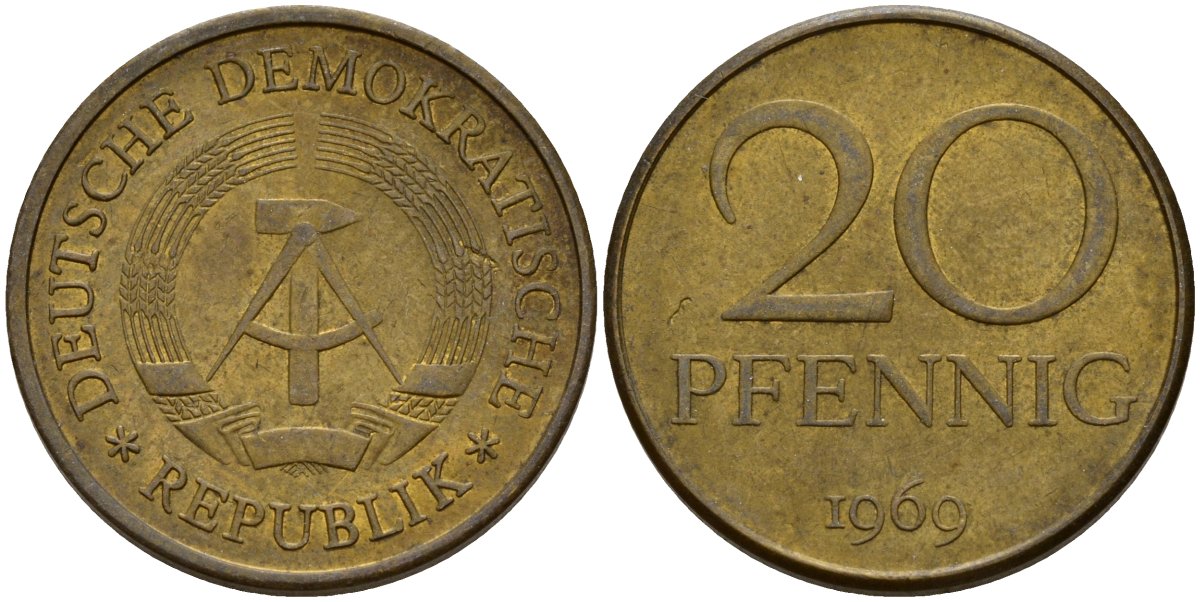 ГДР 20 пфеннигов 1969 A, первый год KM 11 латунь 92-733