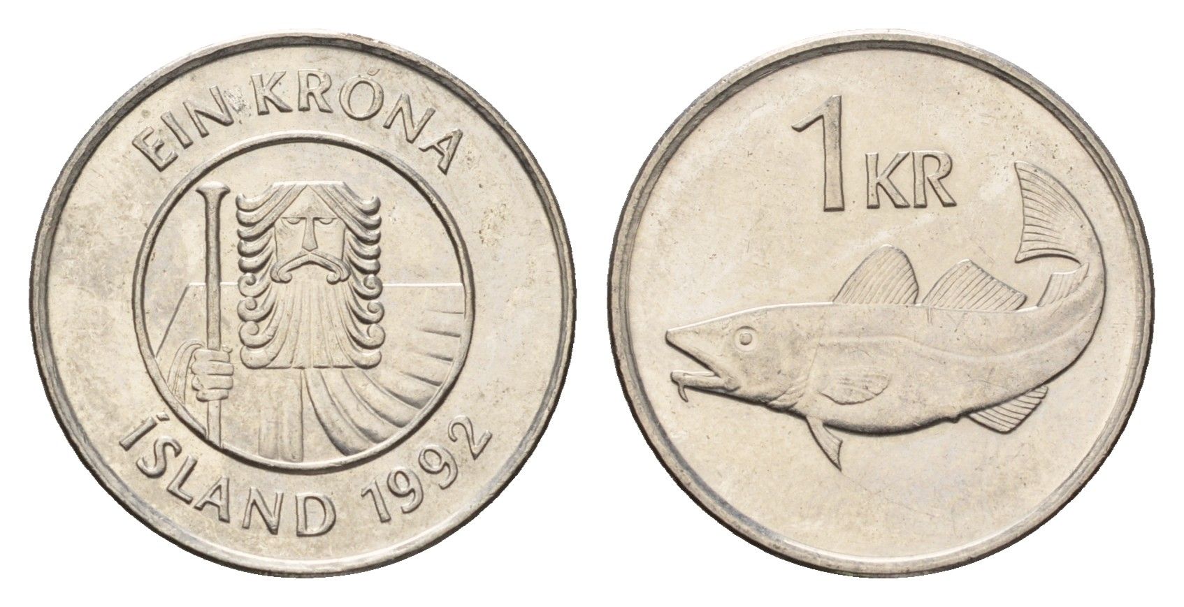 Исландия 1 крона 1992 треска KM 27a сталь плакированная никелем UNC 4687-837