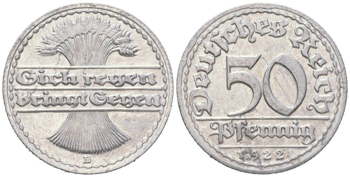 Германия 50 пфеннигов 1922 D KM 27 алюминий aUNC 31-434