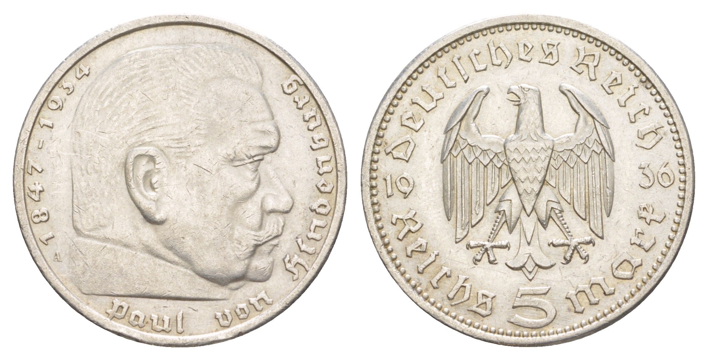 Германия 5 рейхсмарок 1936 A KM 86 серебро 1528-925