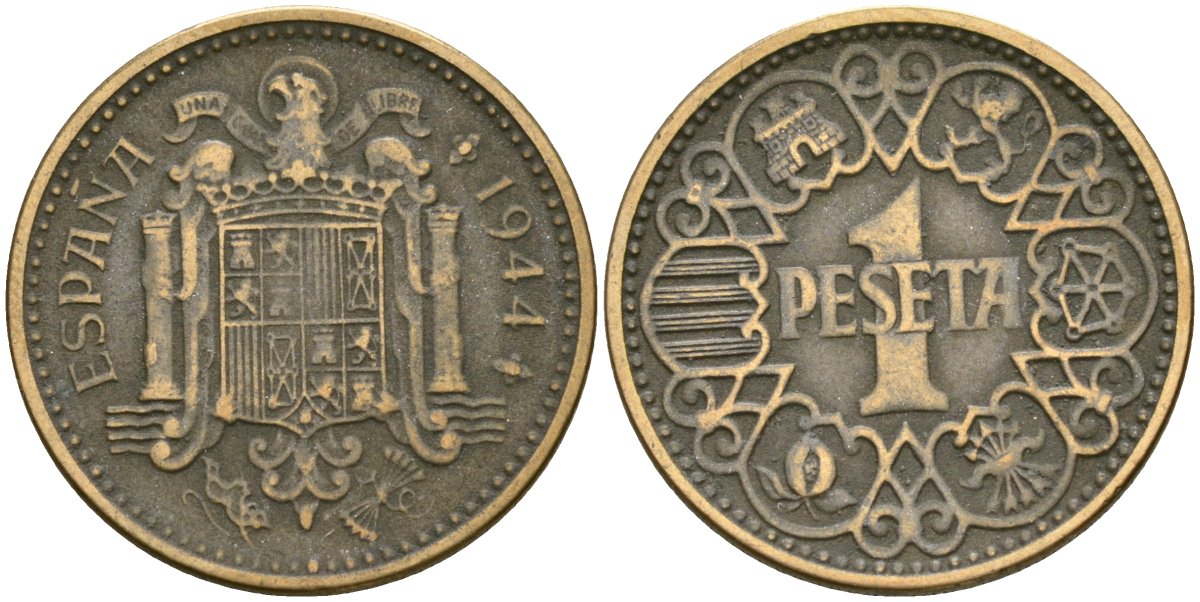 Испания 1 песета 1944 Национальное правительство (1939 - 1947) KM 767 алюминиевая бронза 4171-1036