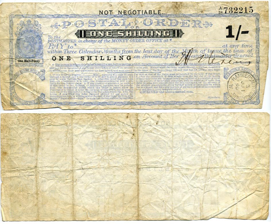 АНГЛИЯ ПОЧТОВОЕ ТРЕБОВАНИЕ НА 1 ШИЛЛИНГ 1895 бумага 2192-90-1