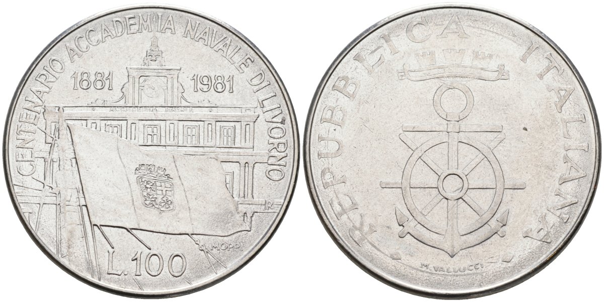 Италия 100 лир 1981 R, 100 лет Военно-морской Академии в Ливорно KM 108 нержавеющая сталь 88-1143