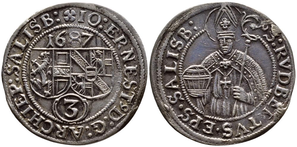 АВСТРИЯ, ЗАЛЬЦБУРГ 3 КРЕЙЦЕРА 1687 ЙОХАНН ЭРНСТ (1687-1709) KM 249 серебро 560-663