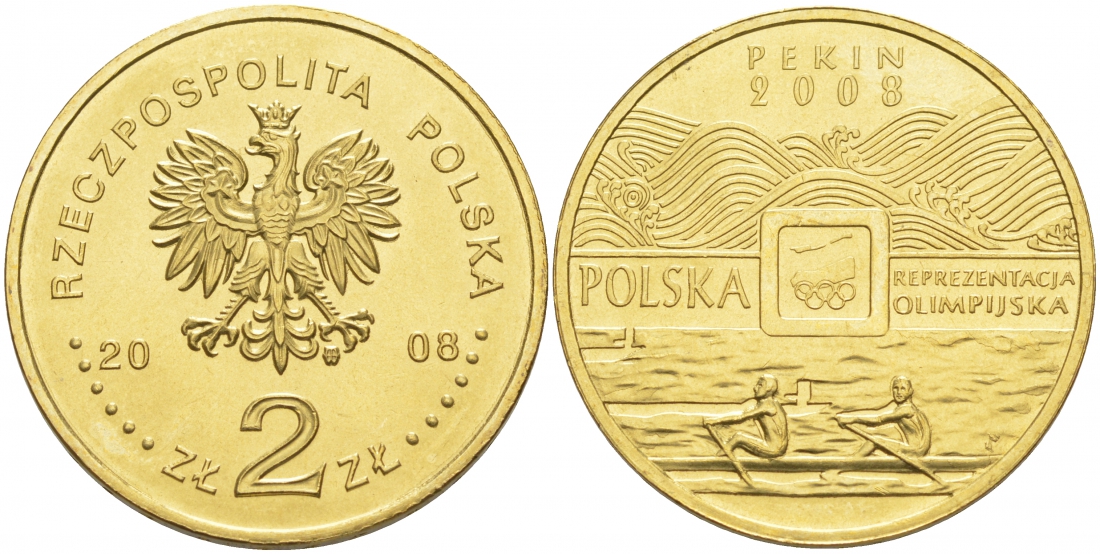 Польша 2 злотых 2008 XXIX Летние Олимпийские игры 2008 года в Пекине, гребля KM 644 латунь UNC 69-941