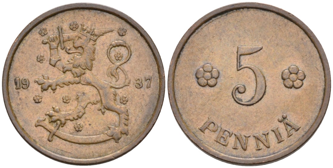 ФИНЛЯНДИЯ 5 ПЕННИ 1937 KM 22 медь 192-1253