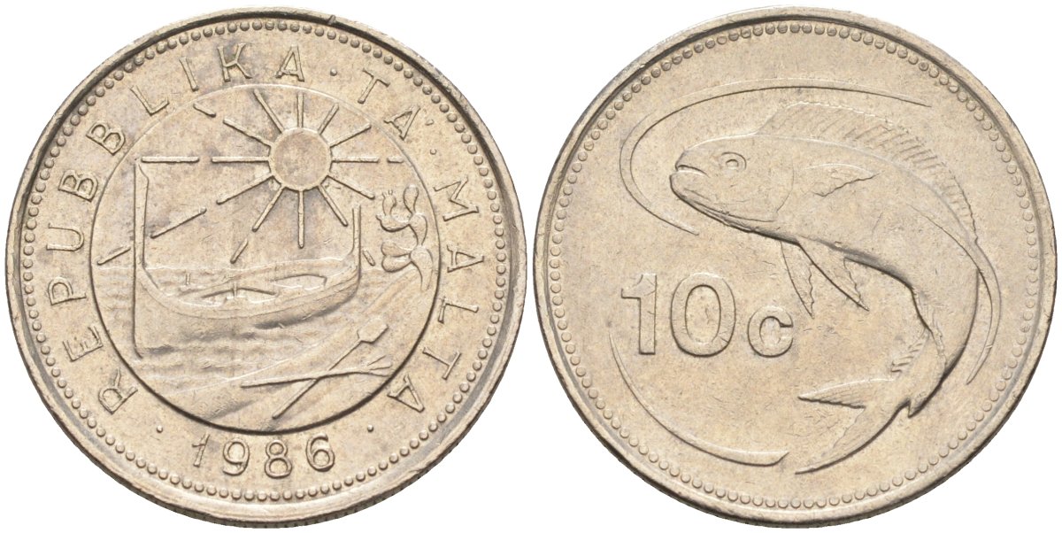 Мальта 10 центов 1986 золотая макрель KM 76 медно-никель 4588-149