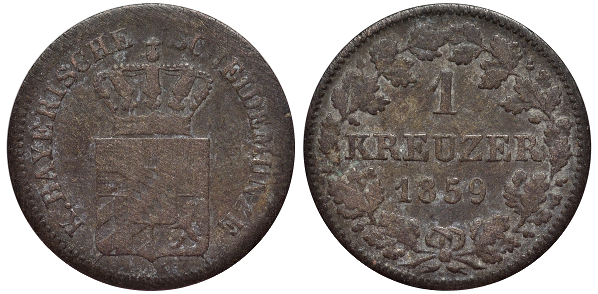 Бавария 1 крейцер 1859 Максимилиан II (1848-1864) KM 473 серебро 75-1569
