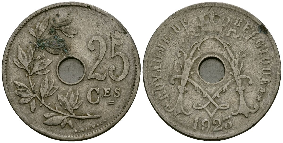 Бельгия 25 сантимов 1923 Belgique KM 68 медно-никель 4165-446