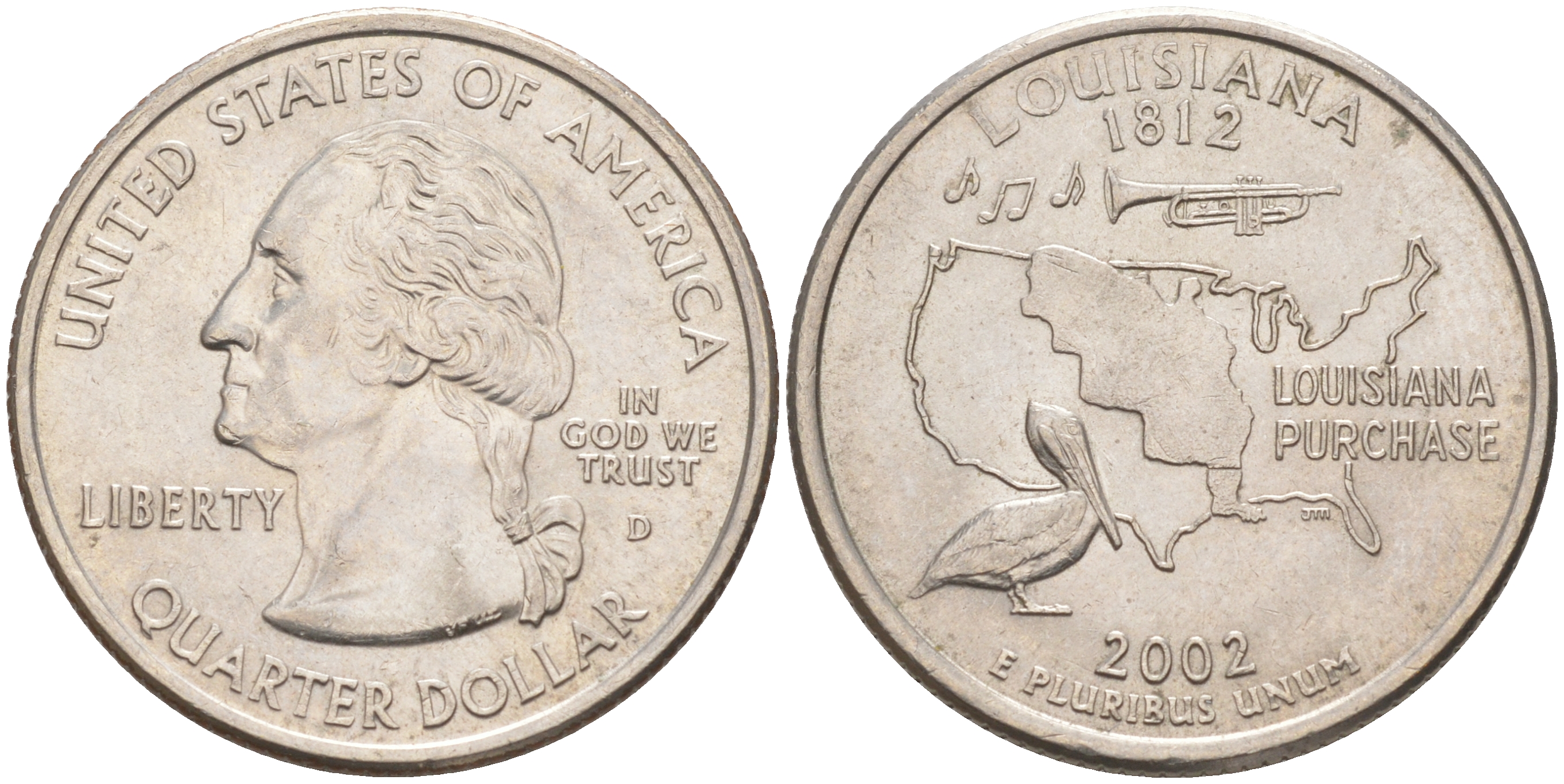 США 25 центов = квотер 2002 D, серия штаты США, Луизиана KM 333 медь плакированный медно-никелем 4114-146