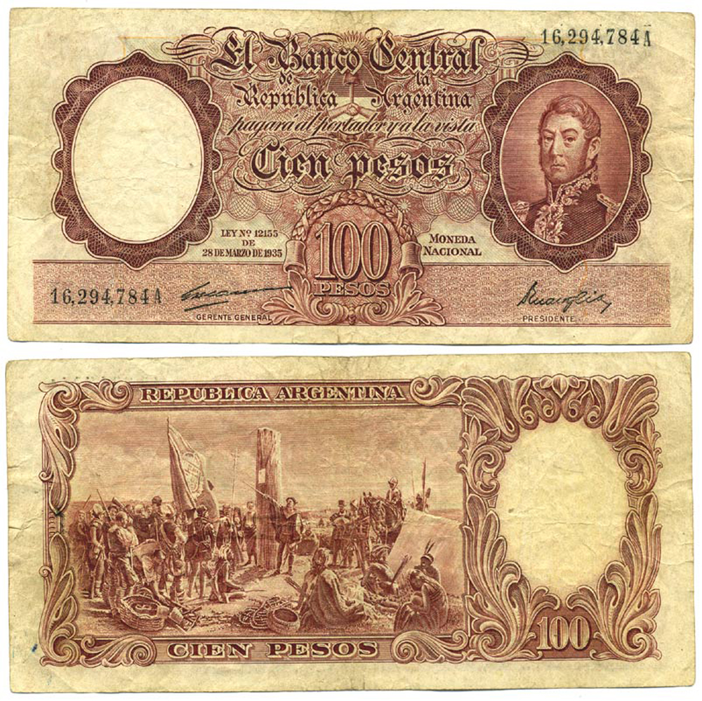 АРГЕНТИНА 100 ПЕСО 1947 СЕРИЯ A, НОМЕР 16294, ГЕНЕРАЛ САН МАРТИН, ЧЁРНАЯ ПОДПИСЬ, ПОДПИСИ ERNESTO H. CARRERAS - DOMINGO O. MAROGLIO Pick 267s, Bottero 2035 бумага VF- 8613-52-2