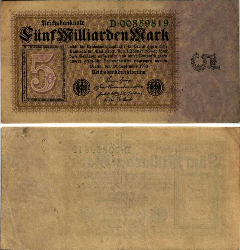 ГЕРМАНИЯ 5000000000 МАРОК 1923 10 СЕНТЯБРЯ 1923 Pick 115a бумага 444-148-1