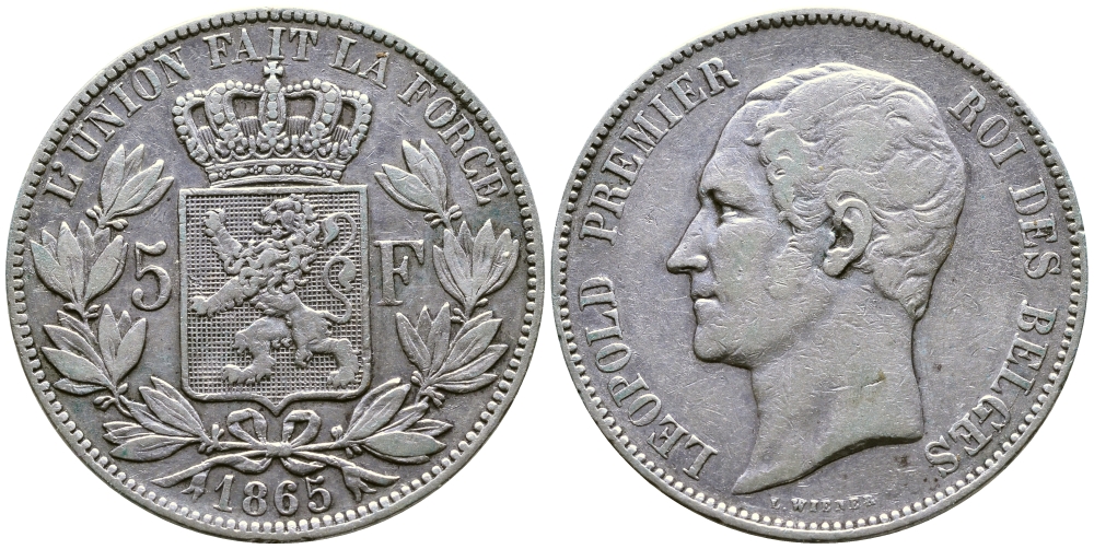 Бельгия 5 франков 1865 Леопольд I (1831-1865) KM 17 серебро 00-1067-6-13