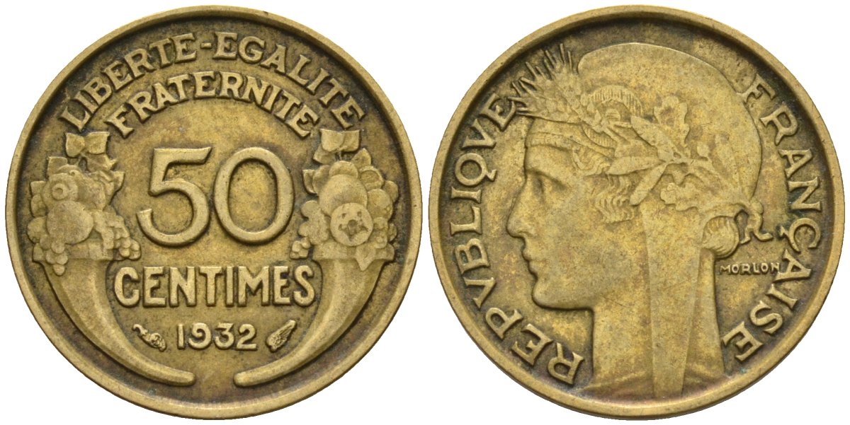 Франция 50 сантимов 1932 KM 894.1, Le Franc 192.15 алюминиевая бронза 4596-757