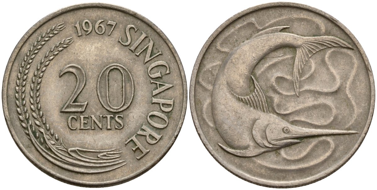 Сингапур 20 центов 1967 голубой марлин, тунец KM 4 медно-никель 4156-447