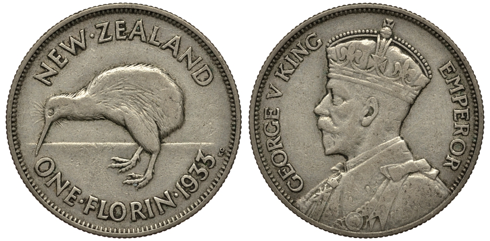Новая Зеландия 1 флорин 1933 Георг V (1910-1936), птичка киви KM 4 серебро 272-1212