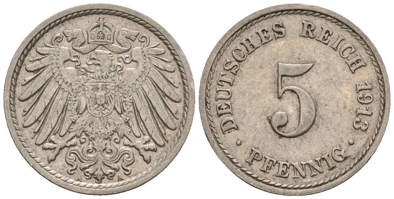 Германия 5 пфеннигов 1913 A, KM 11, J. 12 медно-никель 220-711