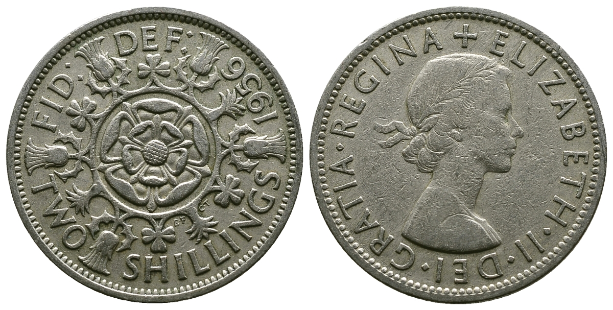Великобритания 2 шиллинга (флорин) 1956 Елизавета II (1952-2022) KM 906, Spink 4146 медно-никель 4382-111