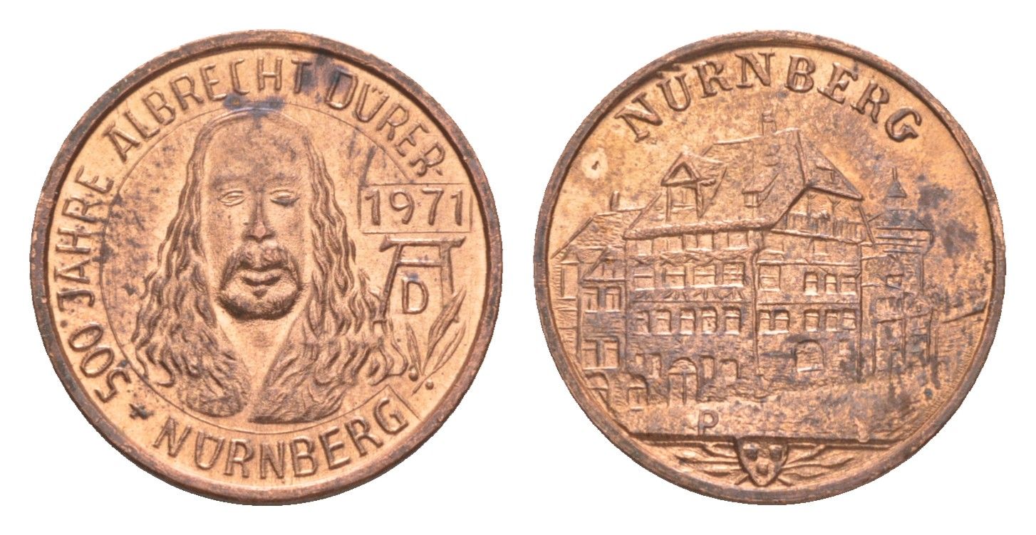 Германия, Нюрнберг медаль "500-летие Альбрехта Дюрера" 1971 диаметр 18 мм, вес 1,8 гр медь 4613-848