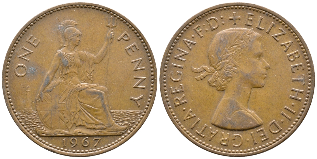 Великобритания 1 пенни 1967 Елизавета II (1952-2022) KM 897, Spink 4157 бронза 4364-4245