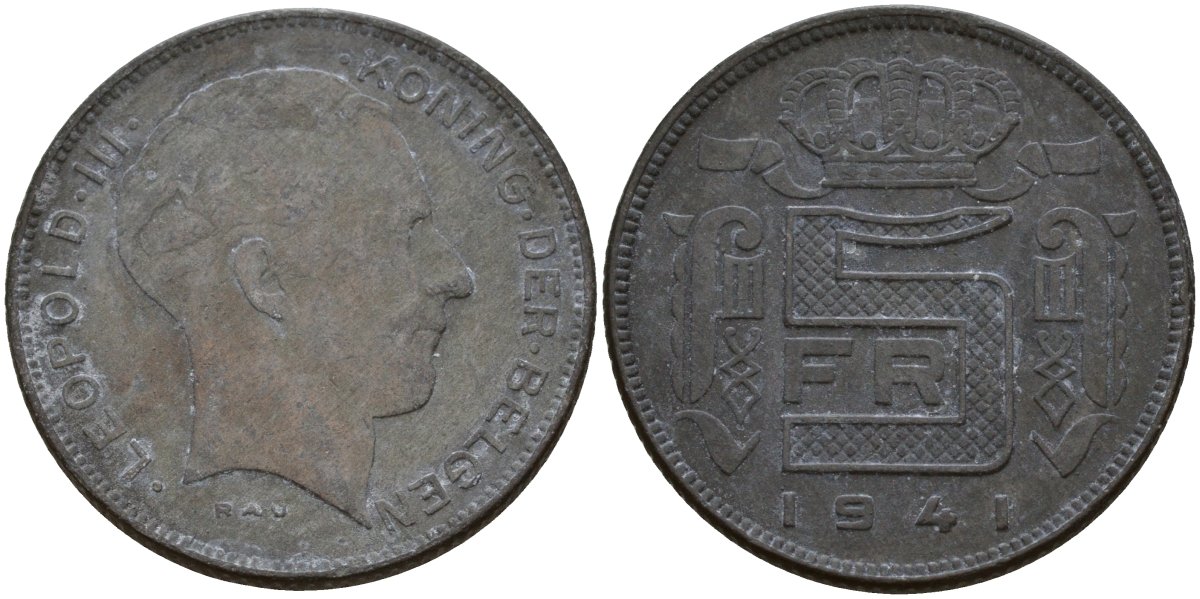 Бельгия 5 франков 1941 DES BELGEN, Леопольд III (1934-1947) KM 129 цинк 4161-917