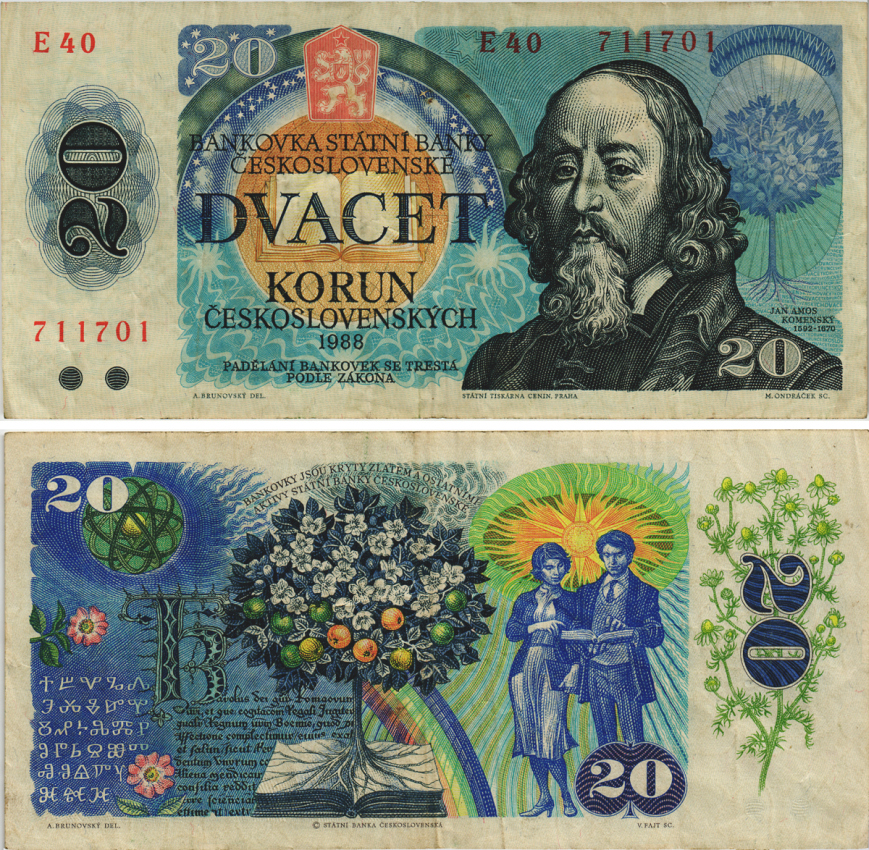 Чехословакия 20 крон 1988 серия E, Ян Коменский, древо жизни Pick 95 a бумага 8604-30-2-1