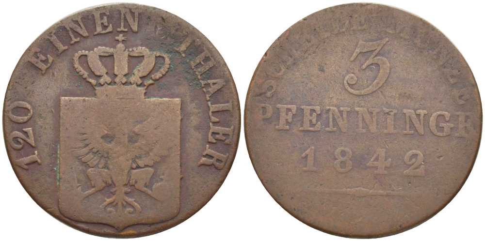ПРУССИЯ 3 ПФЕННИГА 1842 ФРИДРИХ ВИЛЬГЕЛЬМ (1840-1861) KM 432 медь 117-144