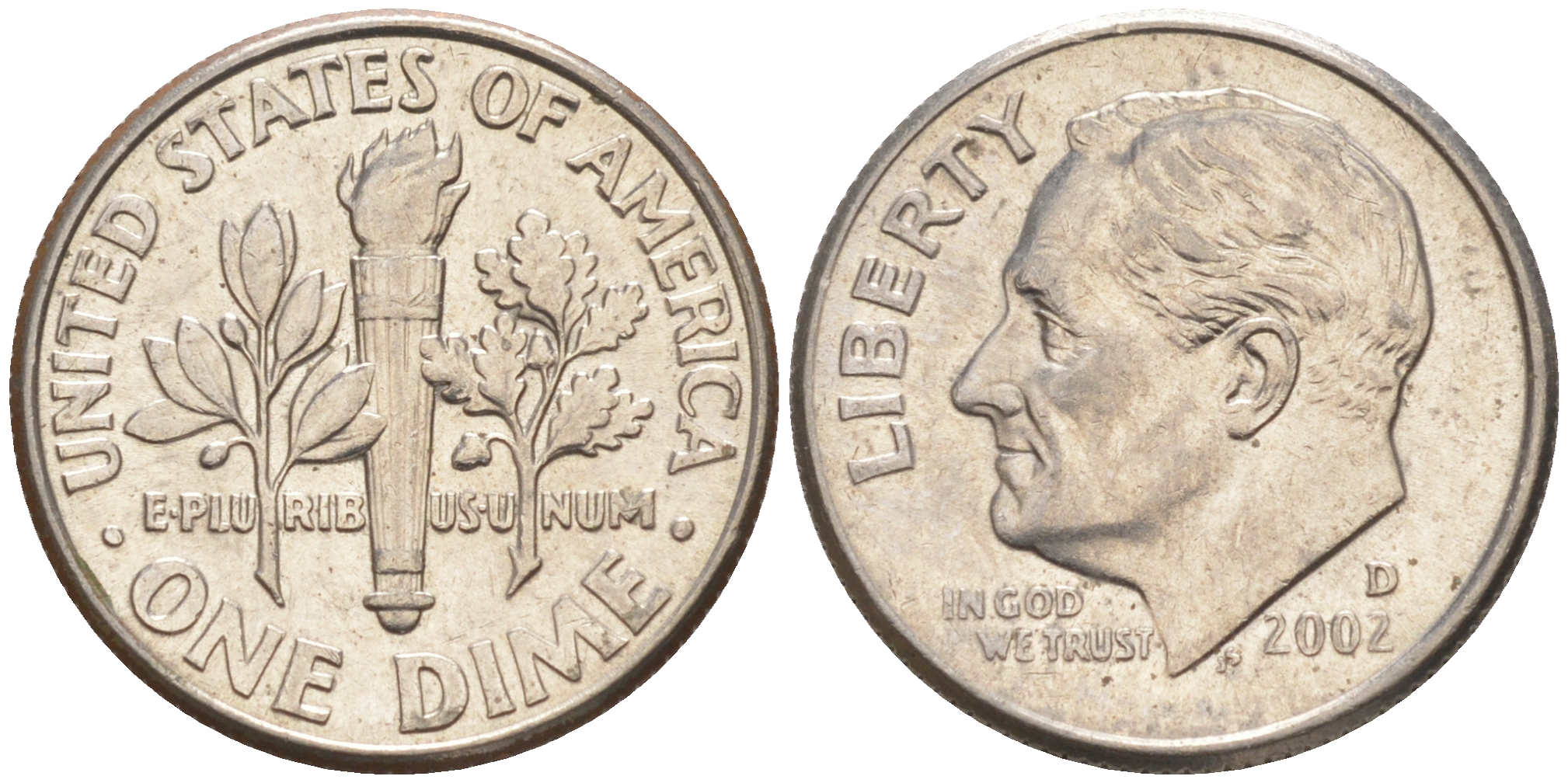 США 10 ЦЕНТОВ = 1 ДАЙМ 2002 D, РУЗВЕЛЬТ KM 195a медь плакированная медно-никелем UNC 187-1123