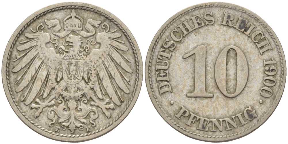 ГЕРМАНИЯ 10 ПФЕННИГОВ 1900 E KM 12, J. 13 медно-никель 4401-1215