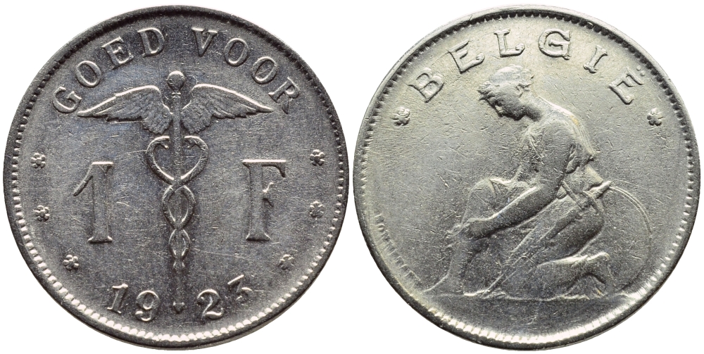 Бельгия 1 франк 1923 Belgie, Альберт I (1909-1934) KM 90 никель 4610-1045