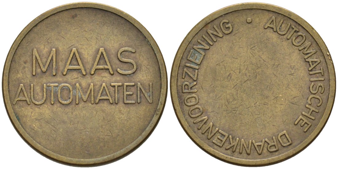 НИДЕРЛАНДЫ КОФЕЙНЫЙ ЖЕТОН "MAAS AUTOMATEN", ДИАМЕТР 20 ММ. латунь 4573-427