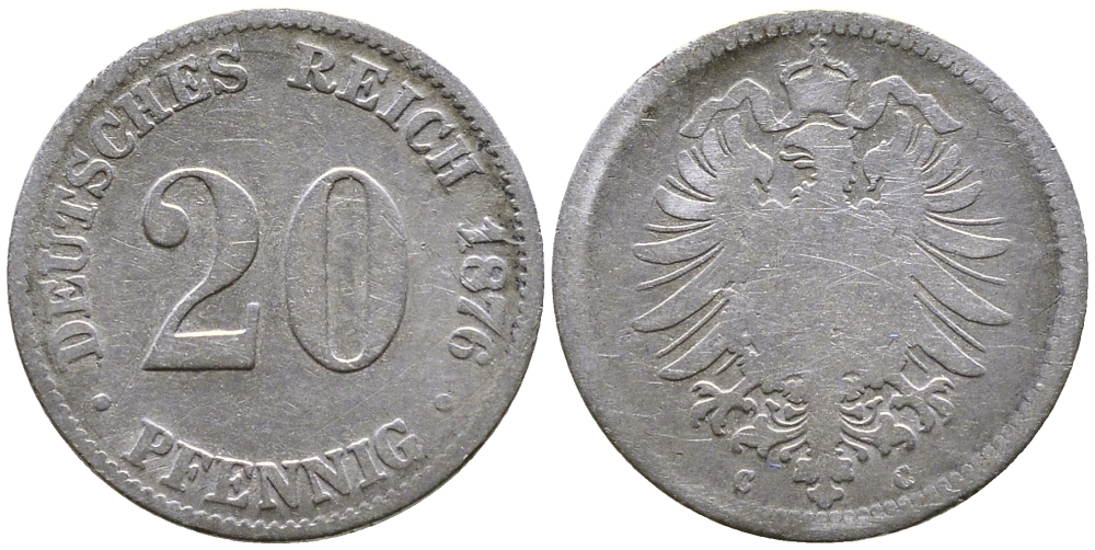Германия 20 пфеннигов 1876 С, старогербовка KM 5, J.5, Weege 9 серебро    58-163