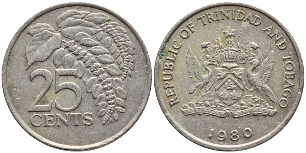 Тринидад и Тобаго 25 центов 1980 цветок дикая пуансеттия KM 32 медно-никель 4396-754