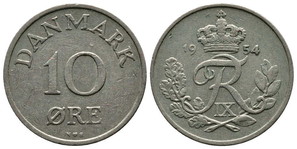 ДАНИЯ 10 ЭРЕ 1954 N; S, ФРЕДЕРИК IX (1947-1972) KM 841.1 медно-никель 83-1211