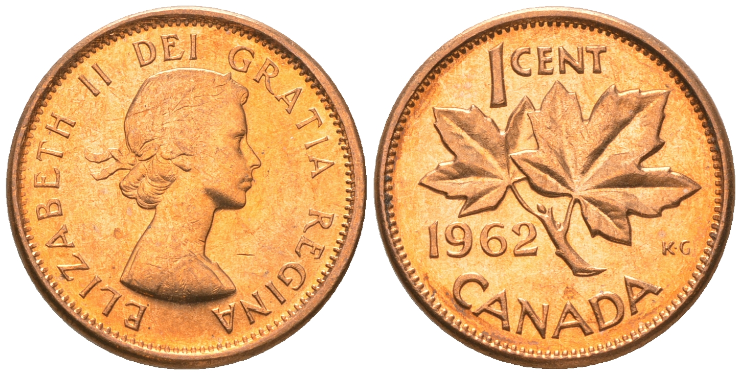 Канада 1 цент 1962 Елизавета II (1952-2022), кленовый лист, из ролика KM 49 бронза  UNC  M58-17