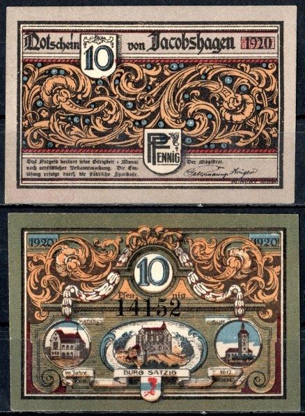 Якобсхаген (Пруссия, Померания) 10 пфеннигов 1920 бумага UNC (пресс) 7555-18-2-2