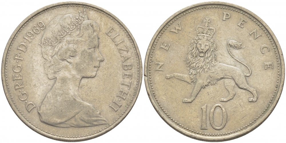 Великобритания 10 пенсов 1969 Елизавета II (1952-2022) KM 912, Spink 4231 (F1) медно-никель 4403-721