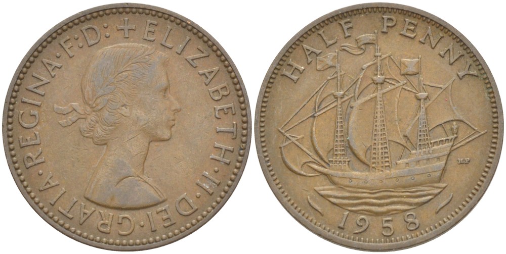 Великобритания 1/2 пенни 1958 Елизавета II (1952-2022) KM 896, Spink 4158 бронза 117-821