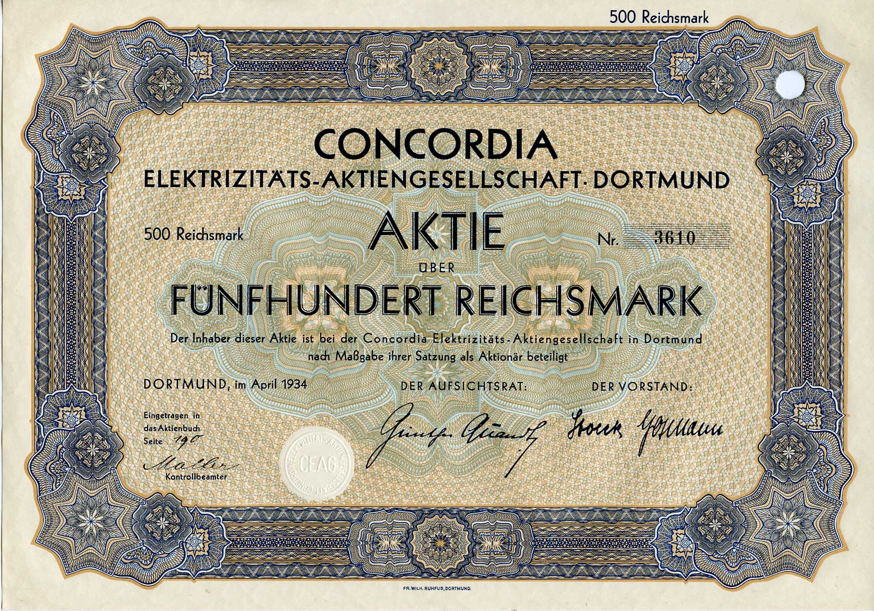 Германия 500 рейхсмарок 1934 АО Электрическая компания Конкордия, Дортмунд, акция   бумага 8803-27-1