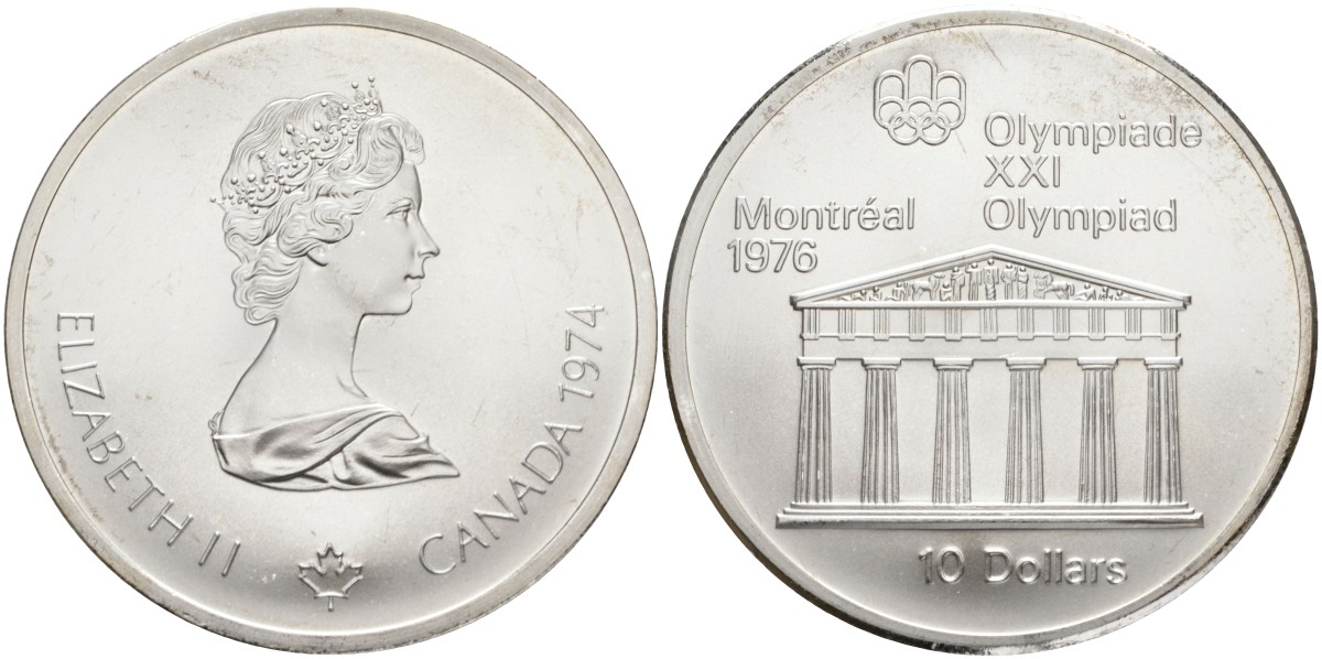 Канада 10 долларов 1974 XXI летние Олимпийские игры в Монреале 1976 года, храм Зевса KM 94 серебро UNC 1525-425