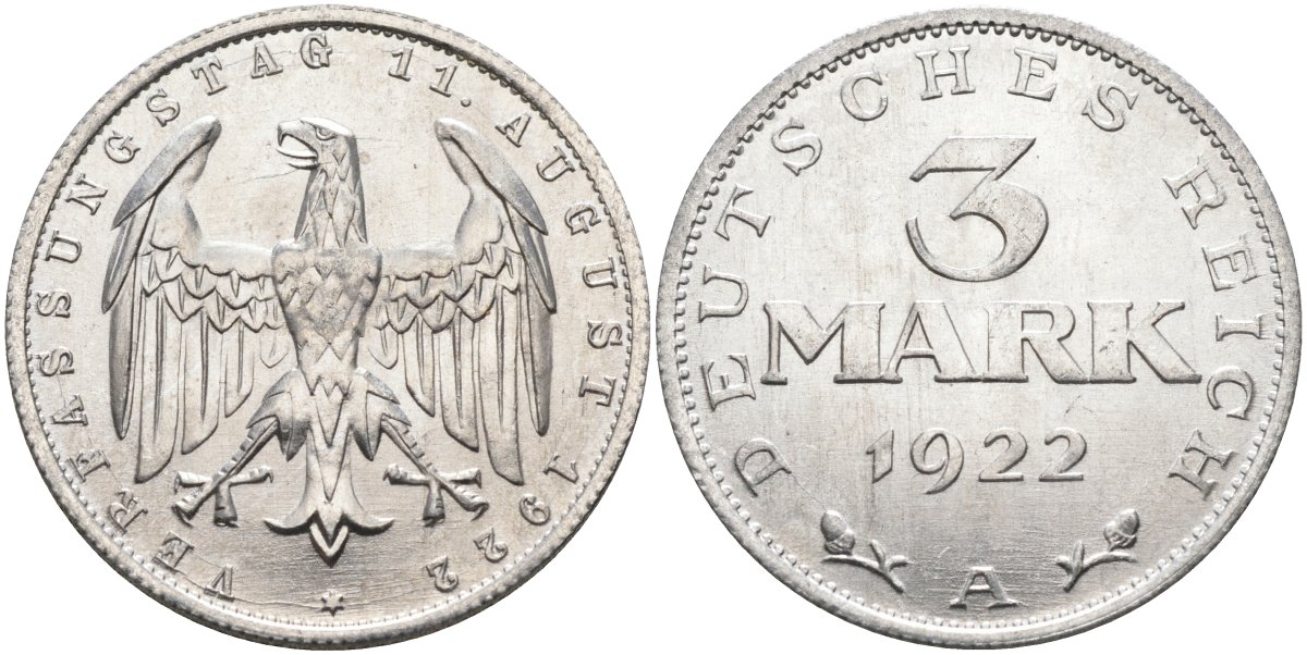 Германия 3 марки 1922 A, третья годовщина Веймарской Конституции KM 29, J.303 алюминий UNC 4587-146