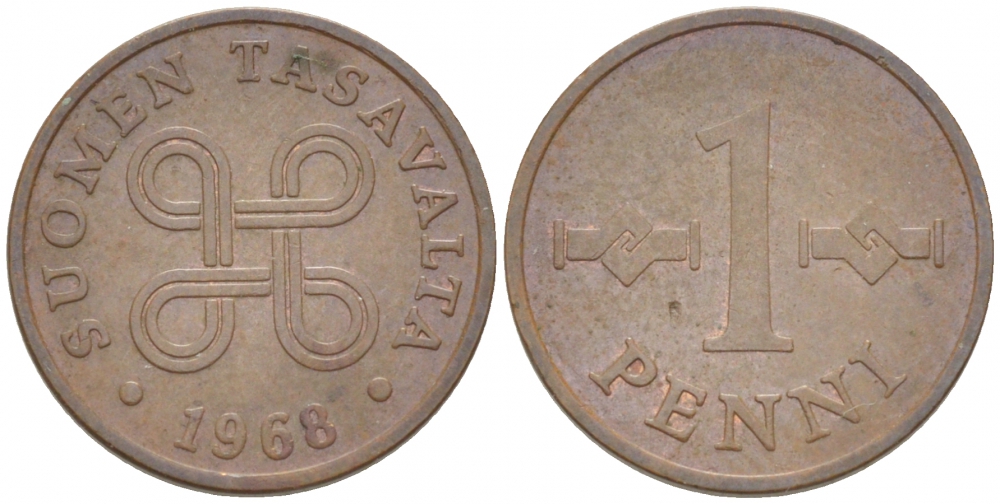 ФИНЛЯНДИЯ 1 ПЕННИ 1968 КМ 44 медь 3309-258