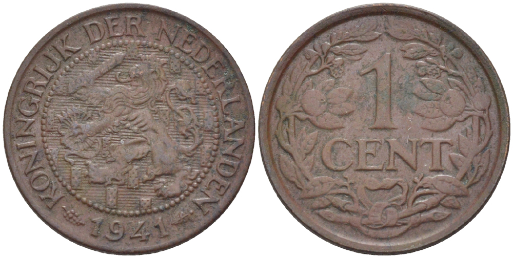 НИДЕРЛАНДЫ 1 ЦЕНТ 1941 ВИЛЬГЕЛЬМИНА (1890-1948) KM 152 бронза 76-347